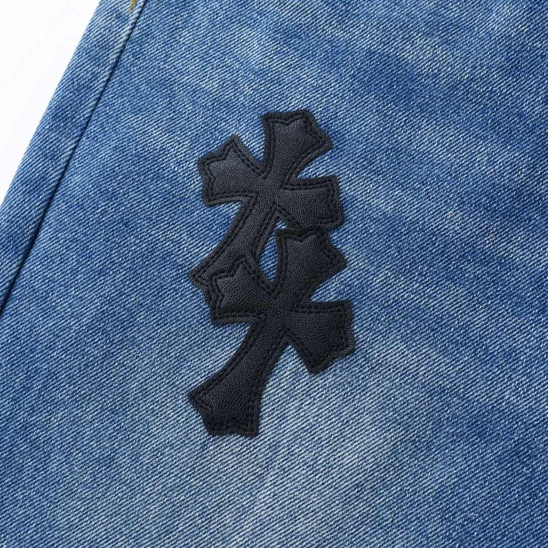 P236 💰 (Top version) Chrome Heart cross patchwork leather jeans Top heavy washing process Calfskin laser cut cross Distressed silver hardware Straight version slimming the upper body High-end quality distinguishes the market currency Color: blue and black Size: 28 30 32 34 36 (corresponding to S-M-L-XL-XXL) Corresponding size｜S-XXL